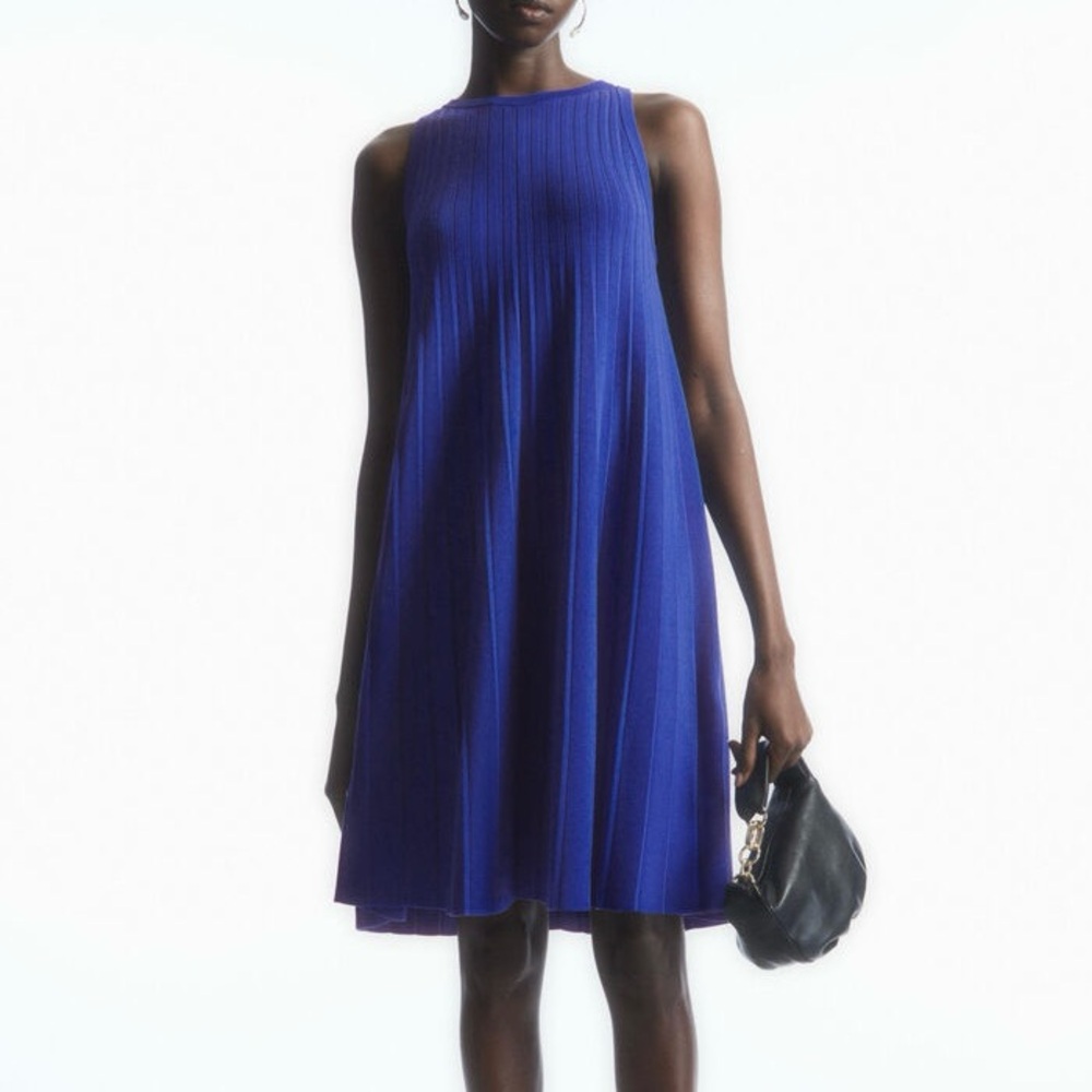 COS Pleated A-Line Mini Dress Cobalt Blue Sz S NWT